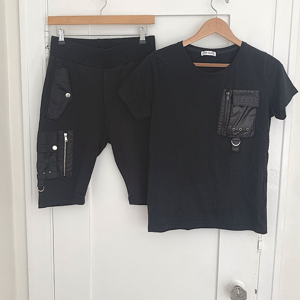 Black Utility Streetwear Tactical Cargo Shorts & Shirt Coord Set.